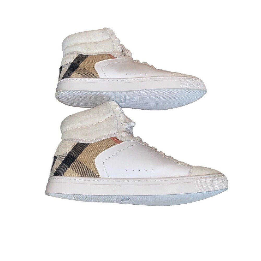Burberry - Men's Reeth Leather House Check High-Top Sneakers White Size 12 - Picture 6 of 16
